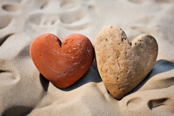Wall Mural - three heart shaped rocks on a sandy beach