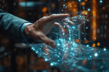Hand of an entrepreneur using a hologram in his business. Concept of technology, business and future.