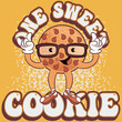 © delacroix7 - illustration of rich chocolate cookie with glasses to give it a scholarly or nerdy impression texture of cookie dough and text ' One Sweet cookie' cake pattern set.