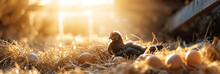 A Black Hen Sits On Eggs Amidst Hay With Sunlight Streaming Through The Barn. Banner.