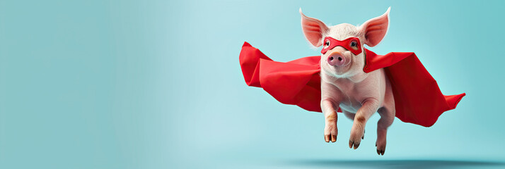 Superhero pig, Cute pink pig with a red cloak and mask jumping and flying on light blue background with copy space.