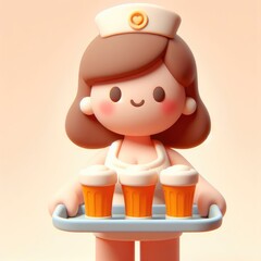 Cute Cartoon Waitress Serving Beer. 3D minimalist cute illustration on a light background.