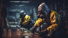 Specialists Wearing Protective Suits Check The Surfaces Of Workplaces For Dangerous Chemicals. Emergency Response To A Radioactive Accident At A Factory, Subway, Or Public Place.