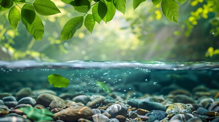 Wall Mural - underwater of river natural landscape with stone pebble and water tree leaf flow in water beautiful nature background