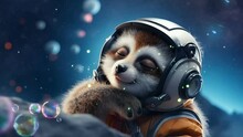 Relaxing Cute Lemur Astronaut Sleeping At Outer Space. Lullaby Baby Background 4k Seamless Loop Animation