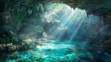 Secret Ocean Cave, Bioluminescent Algae On Cave Walls, Clear Turquoise Water, Details Of Marine Life, Sunbeams Penetrating The Water