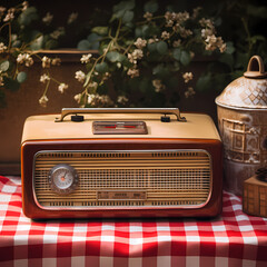 Canvas Print - Vintage radio on a checkered tablecloth.