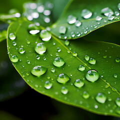  Water droplets on a fresh green leaf.