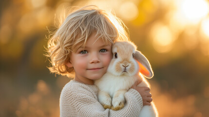 Wall Mural - A child holding a bunny with a warm, glowing background, possibly symbolizing the holiday of Easter and the spring season. Ai generative