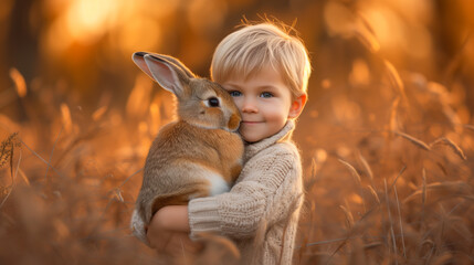 Wall Mural - A child hugging a bunny in a field during sunset, capturing the essence of a joyful and festive spring moment. Ai generative