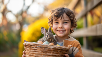 Wall Mural - A smiling child holding a basket with a bunny and Easter eggs, celebrating the colourful spring holiday. Ai generative