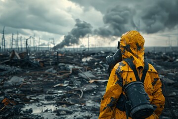 Wall Mural - Person with a yellow anti radioactive chemical suit and a gas mask after a nuclear war with a devastated landscape.