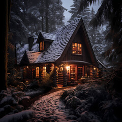 Sticker - A cozy cabin in the snowy woods with a fireplace inside.