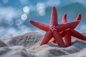 Red starfish on the beach sand.