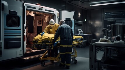 Wall Mural - Paramedics at work in a modern ambulance provide first aid to an injured patient.