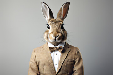 Portrait of a cute rabbit wearing a classic suit and bow tie,ai generated