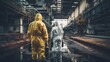 Emergency response specialists for radioactive and chemical leaks, wearing protective suits, work in an old room, Sewer, Basement, factory, at the disaster site.