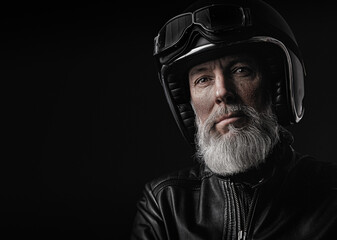 Wall Mural - Portrait d'un motard biker homme avec un casque noir et une veste en cuir et des lunettes de protection et une barbe grise vintage