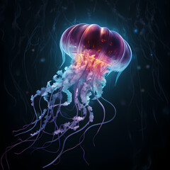 Canvas Print - Bioluminescent jellyfish in a dark mysterious ocean