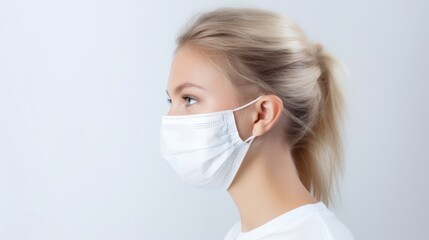 Wall Mural - Portrait of a sideways woman wearing a medical mask, on a white background. Protection against pollution, viruses, bacteria, allergens. Pharmaceuticals, Pandemic, period of SARS and influenza concepts