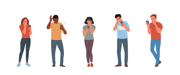 Wall Mural - Different young  women and men looking in the smartphone and experiences fear, fright, stress. Flat style cartoon vector illustration.