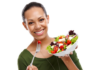 Sticker - Woman, salad and portrait with healthy eating for diet, wellness and nutrition with vegetables. Happy, smile and lose weight with a female person for health isolated on a transparent, png background