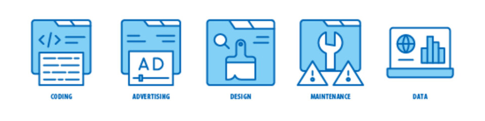 Data, Maintenance, Design, Advertising, Coding editable stroke outline icons set isolated on white background flat vector illustration.