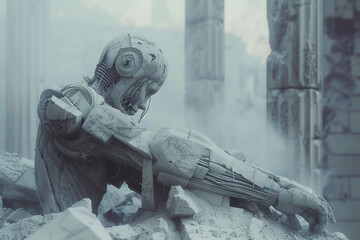 Wall Mural - A captivating 3D render of a statue with a cybernetic arm placed in the heart of ruins