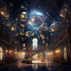 Sticker - Magical library with floating books and glowing orbs