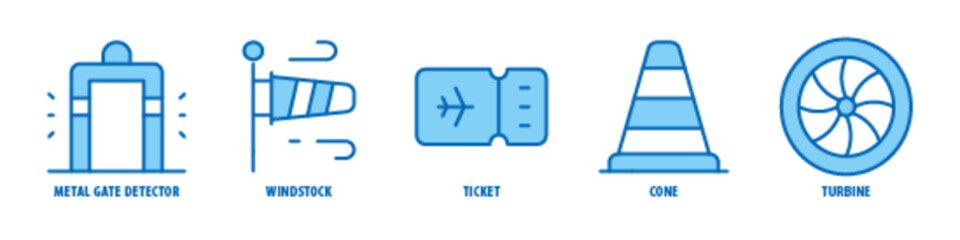 Turbine, Cone, Ticket, Windstock, Metal Gate Detector editable stroke outline icons set isolated on white background flat vector illustration.