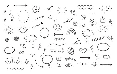 Aufkleber - Hand drawn line simple elements, cloud, speech bubbles, underline, emphasis, star, arrow, hearts element. Doodle vector illustration.