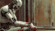 A melancholic scene portraying a robot contemplating human blood on its metallic fingers
