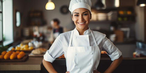 Wall Mural - Portrait of a young woman chef in uniform is standing with cheerful smile radiating warmth and hospitality