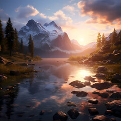 Wall Mural - A serene mountain lake at sunrise.