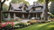 A large modern house with light roofing, several dormer windows, and a mix of stone exterior, surrounded by a lush lawn with vibrant flowers, tall trees, and a cozy patio area with modern outdoor