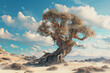 An intricate 3D render of a grotesque gnarled tree growing in the middle of a surreal desert 