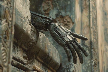 Wall Mural - An old statue in ruins showcasing an intricate cybernetic arm in a 3D render