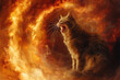 Angrily hissing cat sitting amidst a fiery vortex