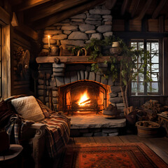 Sticker - A cozy fireplace in a rustic cabin. 