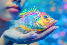 Depict A Woman Holding A Genetically Modified Fish In Her Palm Its Vibrant Hues Reflecting The Advancements Made Possible Through Biotechnological Interventions