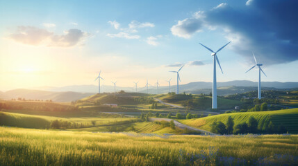 Wind turbines generate clean energy against a blue sky, demonstrating sustainable energy sources