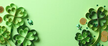 St Patrick's Day Banner Design With Four Leaf Clover Paper Art, Gold Coins, Confetti.