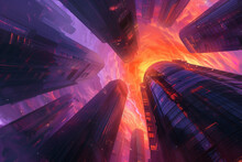 Skyscrapers That Twist And Contort Into Impossible Shapes Creating A Surreal Cityscape Under A Neon Sunset