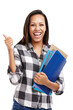 © Suresh/peopleimages.com - Woman, student and portrait with thumbs up and university folder from studying success. Happy, yes and school notes with education and excited for learning isolated on transparent png background