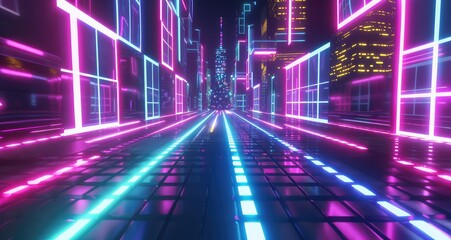 Wall Mural - Synthwave neon grid.