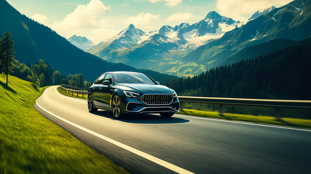 luxury sedan driving on a scenic mountain road with panoramic views of alpine peaks and lush green f