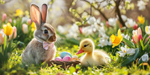 Beige Fluffy Baby Bunny Hare And Small Yellow Baby Duck Sitting In Spring Garden With Basket Of Colorful Eggs On Floral Background In Sunny Day. Happy Easter Holiday Concept