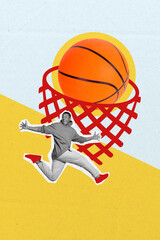 Wall Mural - Vertical collage artwork of funky sportsman playing basketball throwing ball into basket and jumping isolated on gray yellow background