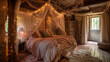 A whimsical fairy tale-themed bedroom with a canopy bed and twinkling string lights.