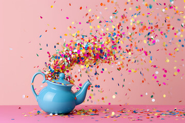 confetti are leaking from a blue teapot on a pink bac